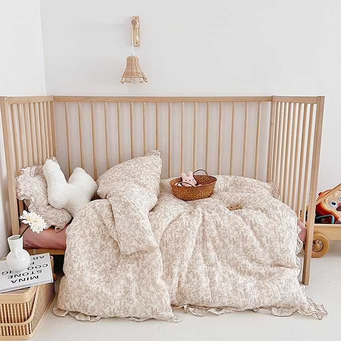 AOJIM Kids Muslin Duvet Cover with Forest Themed Patterns, Pure Cotton Toddler Comforter Cover 59X79'', Ruffled Design Baby Crib Quilt Cover 2-Layer Gauze for Boys Girls, No Comforter or Pillowcases