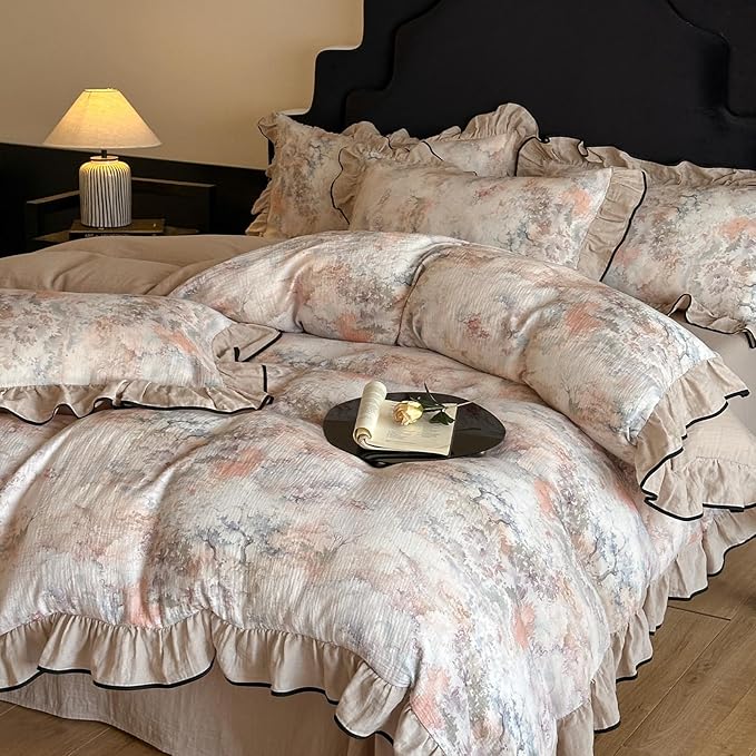 HighBuy Girl French Linen Duvet Cover Full Size,Coquette Ruffle Bedding Beige Jacquard Comforter Cover Set for College,Muslin Yarn-Dyed Cotton Cooling Bedding Set Breathable for Hot Sleepers