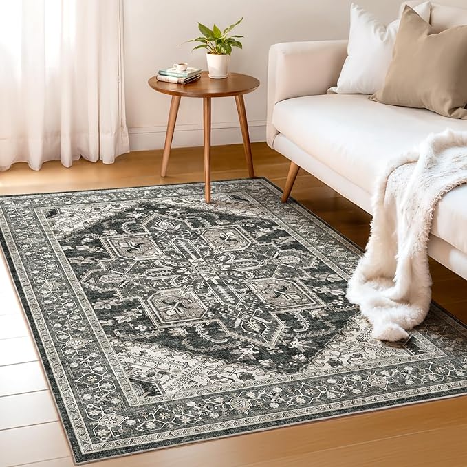 WITSHOCK Living Room Area Rugs 3x5: Washable Rug Boho Soft Non-Slip Low Pile Stain Resistant Foldable Carpet for Bedroom Playroom Dining Room Office Kitchen Farmhouse Home Decor Rug-Bitter Black