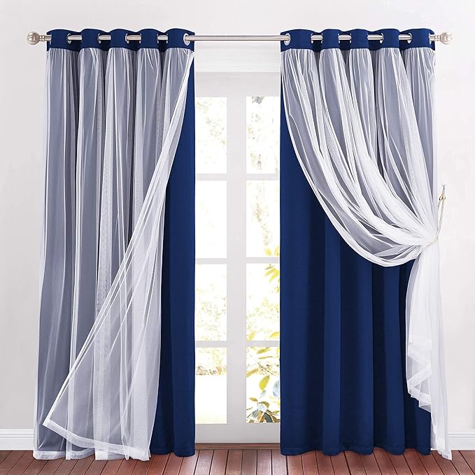 PONY DANCE Blackout Curtains Navy Blue Double Layered Room Divider Large Curtains with Sheer Overlay Thermal Insulated Bedroom Living Room Drapes Mix and Match with Tiebacks(Set of 2, 70 x 84 inch)