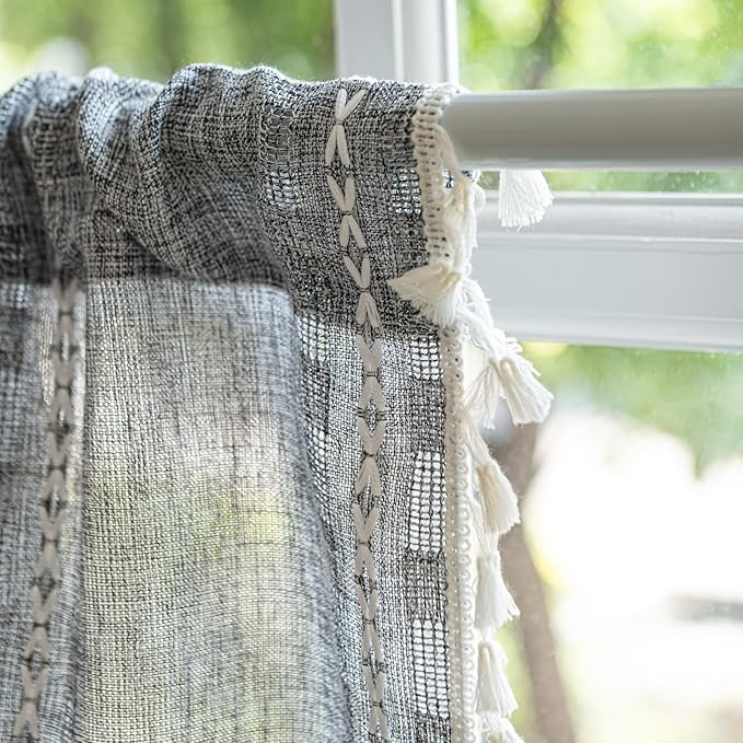 Deeprove Boho Valance Kitchen Short Curtain, Textured Striped Drape Semi Sheer Privacy Tier Embroidered Chic Window Treatment for Cafe Restaurant Closet, W52 x L18 inch Single 1 Panel Coal Grey