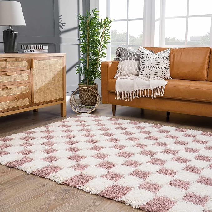 Hauteloom Atira Contemporary Checkered Fluffy Shag Area Rug - Modern Geometric Carpet Tiles for Living Room, Kids Room, Nursery - Plush Pile - Cream, Pink - 8'10" x 12'