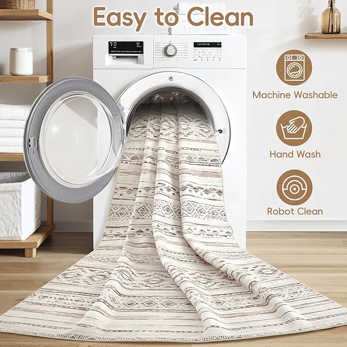 Area Rugs for Living Room Washable Living Room Rug Soft Neutral Indoor Floor Carpet Non-Slip Stain Resistant Modern Boho Rugs for Bedroom Dining Room Kids Room Nursery Office Home Cream Brown