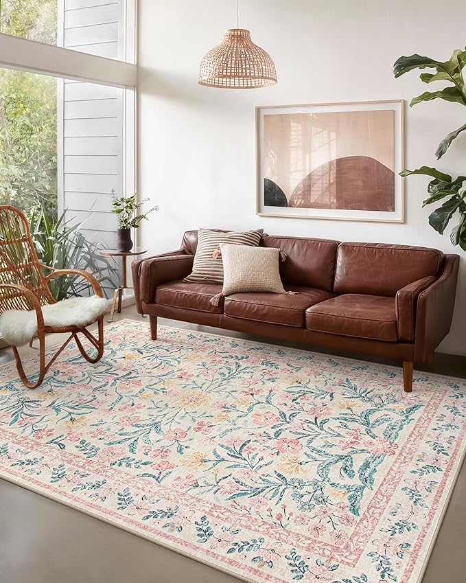 Wonnitar Pink Rugs for Bedroom Girls, 5x7 Washable Rug for Nursery Decor, Boho Soft Floral Carpet Non Slip, Indoor Ultra-Thin Floor Carpet for Baby Kids Room Living Room Dorm
