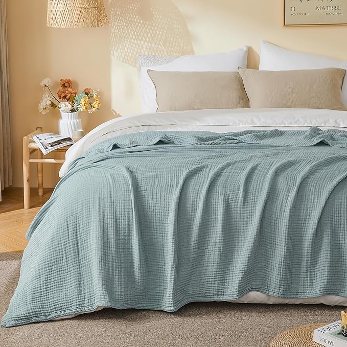 EMME Cotton Muslin Twin XL Blanket Breathable Gauze Soft Lightweight Blankets Adults Gifts for Women (Heather Teal, 66"x90")