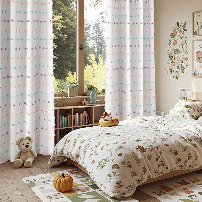 MYSKY HOME 100% Blackout Curtains for Bedroom Total Light Blocking Curtains 90 Inch Long Room Darkening 2 Panels Back Tab Double Layer Privacy Window Drapes with Rainbow Pom Pom Sheer 52" x 90"