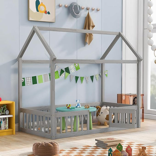 Twin Size Wood House Bed with Fence and Door, Bedroom Distressed Washed Design Bed Frame W/ a Whimsical Sky Roof,Easy to Assemble,for Kids Teens Girls Boys,Gray Wash