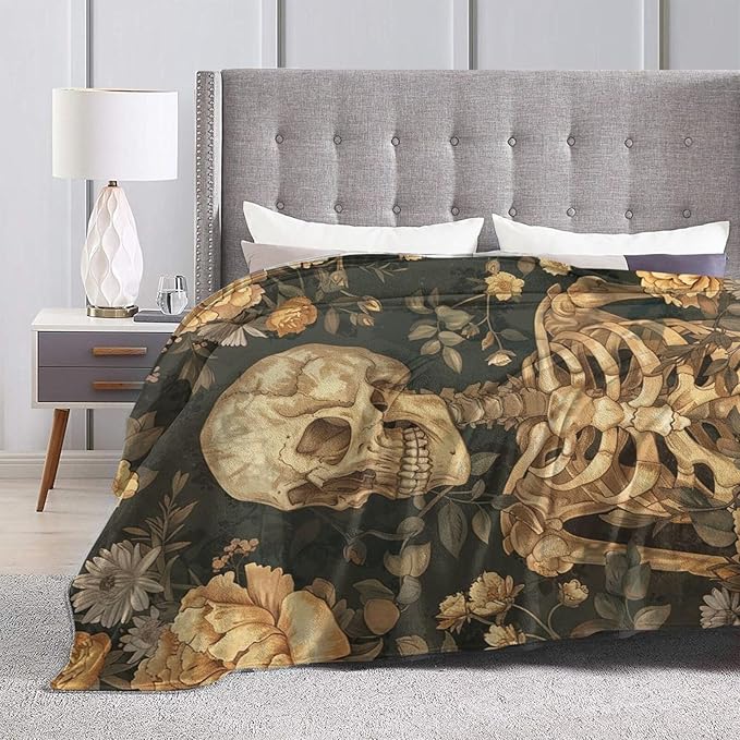 Gothic Skull Blanket Halloween Throw Blanket Spooky Skeleton Bones Flannel Stuff Merch Cozy Decor Fleece Plush Fuzzy Warm Soft Lightweight Bedding Gifts for Women Men Girl Boy Couch 50"X40"