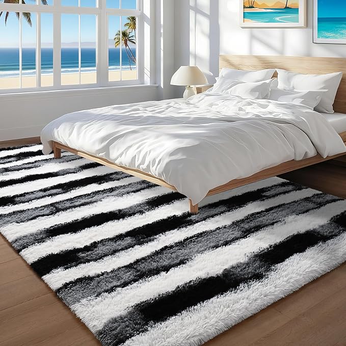 6x9 Feet Area Rugs for Living Room Bedroom,Black and White Machine Washable Soft Fluffy Shaggy Indoor Rug, Floor Carpet for Girls Boys Kids, Dorms, Nursery Rooms, Home Decor Aesthetic