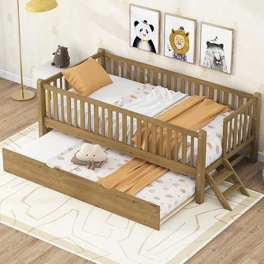 Twin Size Platform Bed with Guardrail and Trundle, Wood Kids Platform Bed Frame with Two-Step Ladder for Boys Girls, Sturdy Slats Support (Walnut-1.26T)
