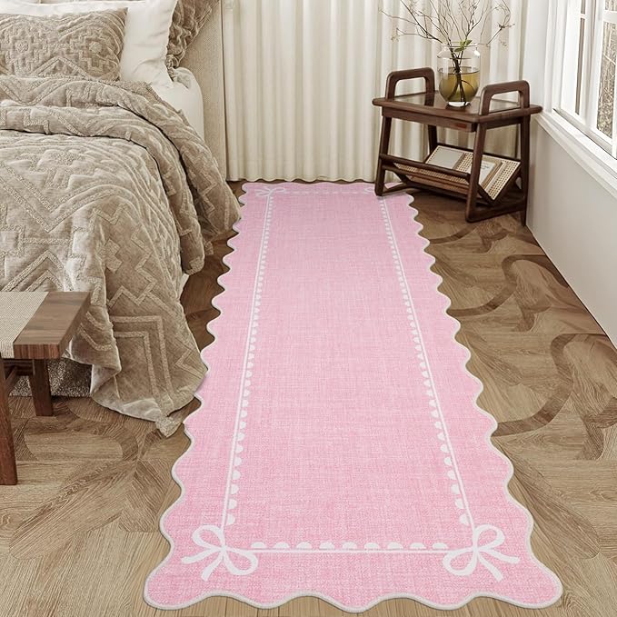 GarveeHome Scalloped Bow Rug for Living Room, Solid Pink Rug for Dorm, Washable Runner Rugs 2x6 Soft Low Pile Non Slip Scalloped Rugs for Nursery Bedroom Decor Hallway Entryway Playroom