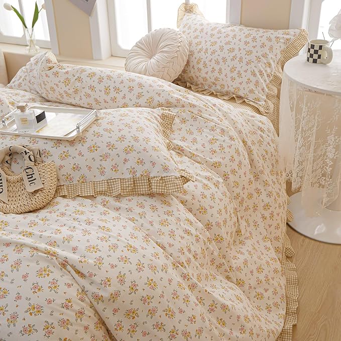 Girls Ruffle Duvet Cover Queen Chic Floral Princess Lace Comforter Cover Soft Breathable 100% Cotton Flower Bedding Set Vintage Botanical Duvet Cover Romantic Ruffle Comforter Cover with 2 Pillowcases