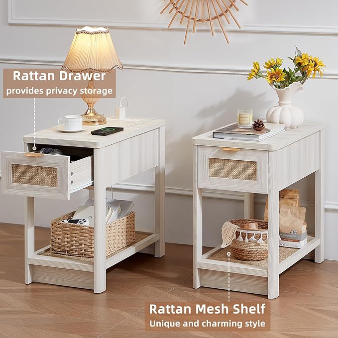 Lerliuo Narrow Night Stand Set of 2 with Charging Station, Boho Nightstand with Drawer, Bed Side End Table with Rattan Shelf for Small Spaces, Wood Nightstands Bedside Tables for Living Room Bedroom