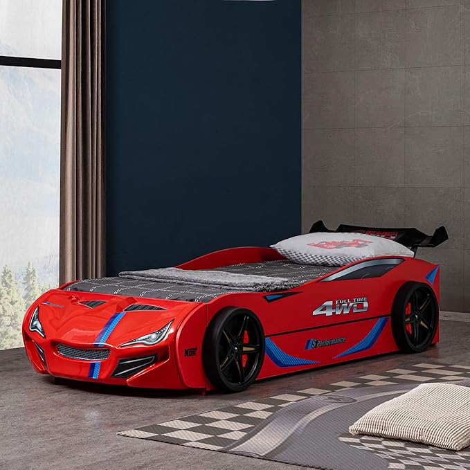 Furniture of America Redvers Modern Wood Twin-Size Kid Bed with Race Car Design and Pull-Out Trundle, No Box Spring Required for Toddler, Teens, Boys or Girls, Red