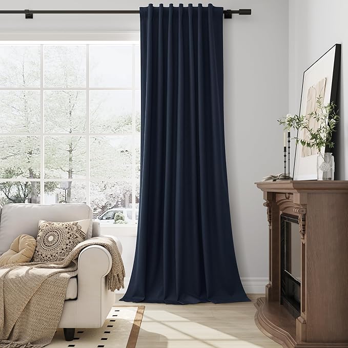 Guken Navy Blue Linen 100% Room Darkening Curtains for Bedroom 108 Inches Long Textured Back Tab Hook Belt Blackout Thermal Insulated Soundproof Living Room Dark Blue 2 Panel Sets 52x108