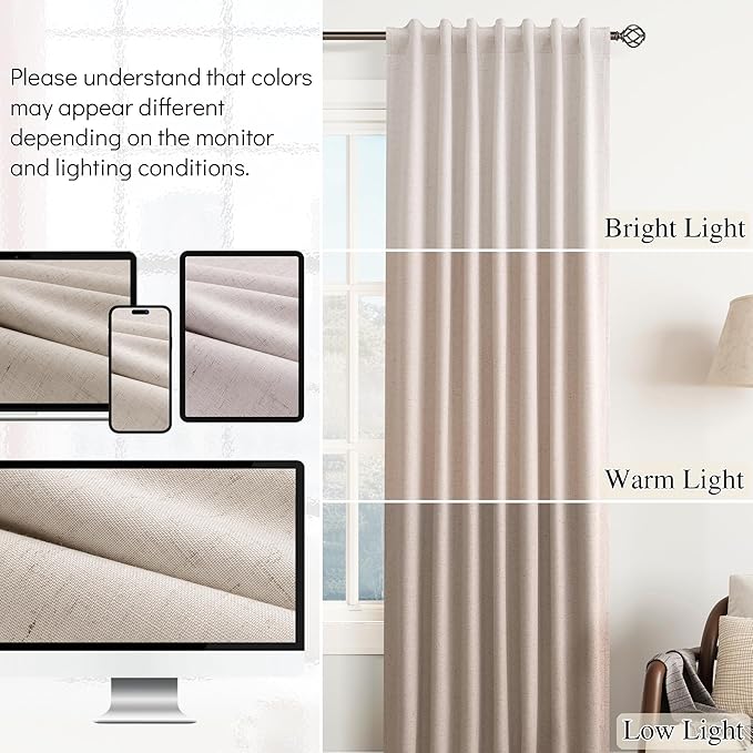 Guken Oatmeal Linen 100% Black Out Curtains for Dining Room 102 Inches Long 2 Panels Set Thermal Insulated Sound Proof Blackout Elegant Pinch Pleat Curtain Hooks for Living Room Patio Door 52x102