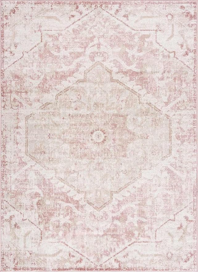 BoutiqueRugs Blush & Light Pink Collection Leonora Bohemian Oriental Medallion Area Rug - Traditional Floral Carpet for Living Room - Blush, Pale Pink, Cream - 7'10" x 9'6" (8x10 Area Rug)