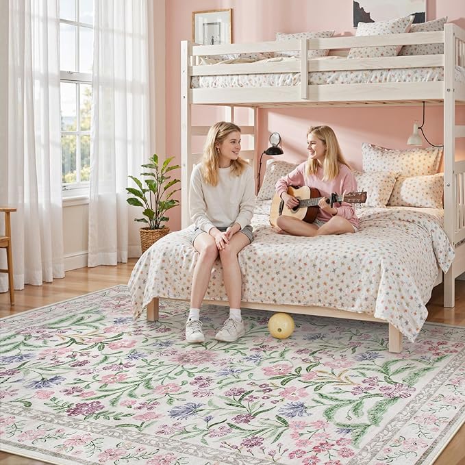 Lahome Boho Purple Floral 5x7 Area Rugs, Washable Rugs for Bedroom Nursery Decor, Soft Non-Slip Lavender Carpet for Kids Room Girls Playroom Living Room, Pale Lilac/Pink