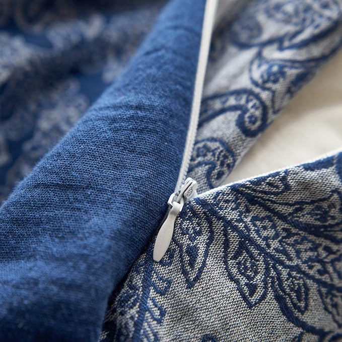 Navy Blue Paisley Floral Duvet Cover Queen Premium Yarn-Dyed Cotton Linen Duvet Cover Elegant Jacquard Boho Bedding Set Queen Vintage Paisley Flower Duvet Cover Cozy Breathable Floral Bedding Set