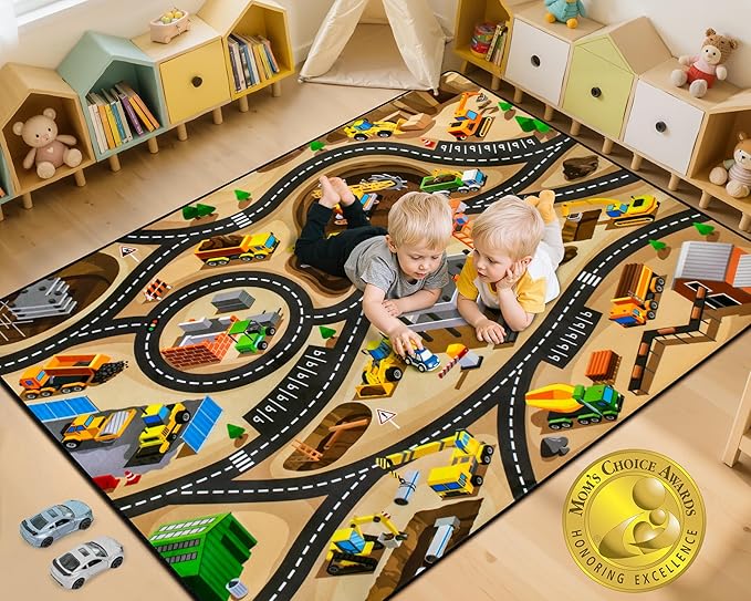 Kids 4x6 Ft Construction Site Car Rug - Extra Thick (0.4in),Tufted Wool & Rubber, Non-Slip, Stain & Fade Resistant, Machine Washable, Rustic Cartoon Construction Site Pattern