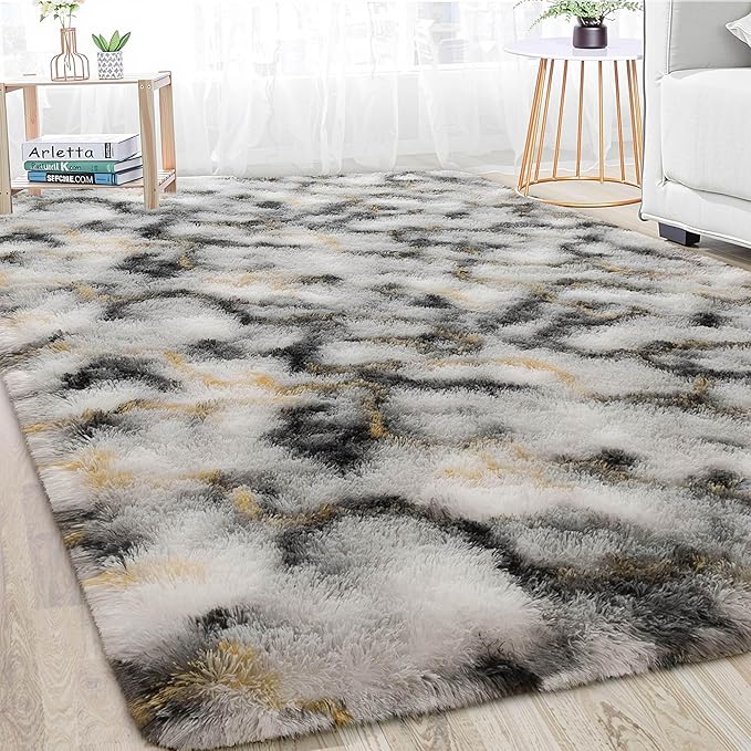 Meralax Tie-Dyed Gold and White Rugs for Living Room Bedroom, 5x8 Soft Area Rug Fluffy Shaggy Bedside Rug, Machine Washable Indoor Floor Carpet for Kids, Dorms, Nursery Rooms, Home Decor Aesthetic