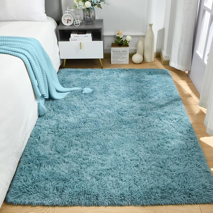 Merelax Soft Modern Indoor Large Shaggy Rug for Bedroom Livingroom Dorm Kids Room Home Decorative, Non-Slip Plush Fluffy Furry Fur Area Rugs Comfy Nursery Accent Floor Carpet 3x5 Feet, Turquoise Green
