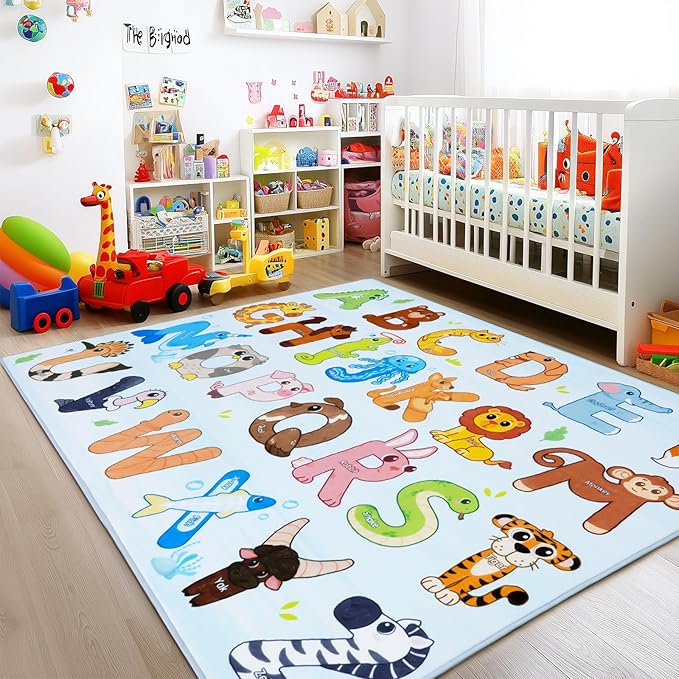 Kids Rugs for Playroom, 4x5 Feet Educational Rug for Learn The ABC Alphabet, Soft Machine Washable Non-Slip Cute Animal Carpet for Classroom Toddler Nursery Kids Room Decor Mat, Blue