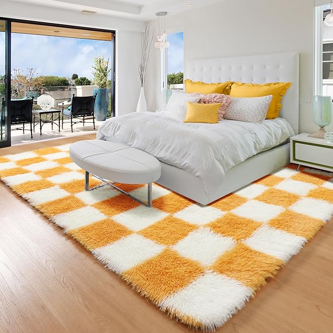 KICMOR 4x6 Rugs for Bedroom Living Room, Orange and Cream White Fluffy Fuzzy Checkered Shag Area Rug Shaggy Bedside Carpet, Furry Plush Soft Rug for Kids Boys Girls Room Nursery Playroom Home Decor