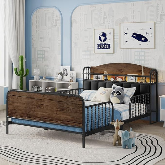 Ball & Cast Full Size Toddler Bed W/LED Light,Metal Bed W/Linen Fabric Upholstered Storage Headboard,Platform Bed Frame W/Safety Guardrails & Low Profile Design,for Boys Girls,Black