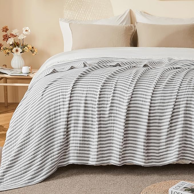 EMME Cotton Muslin Twin Blanket Breathable Gauze Soft Lightweight Adults Gifts for Women (Striped Grey, 60"x80")