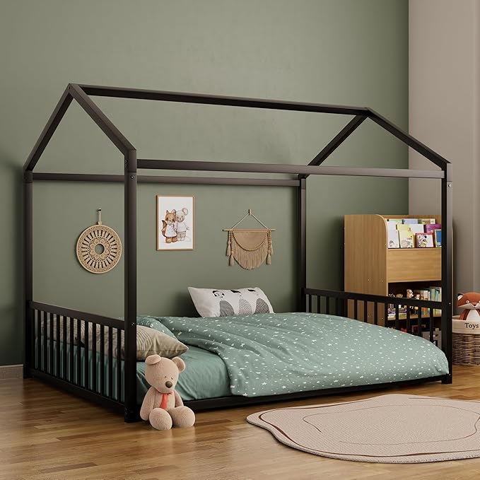 Merax Full Floor Bed Frame, Montessori Style Metal House Shaped Kids Bed with Vertical Safety Guardrails, No Slats, Grounded Design for Kids and Toddlers, Easy Assembly, Black