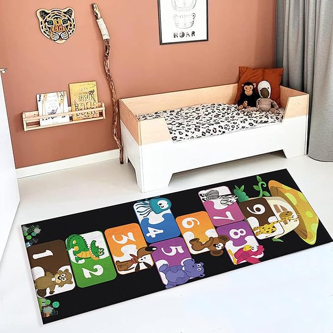 Hopscotch Rug,2.7x8ft ABC Carpet,Children's Play Runner Carpet,Soft,Non-Slip,Durable,for Bedrooms,Living Rooms,Daycare Centers,Nurseries,Playrooms Black