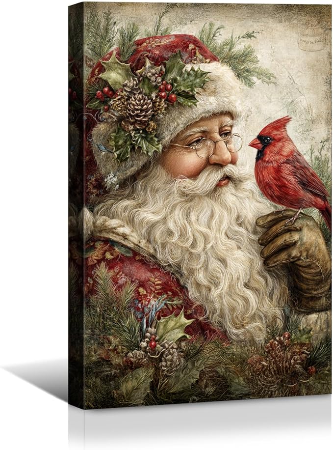 YONICA Christmas Canvas Wall Art Santa with Cardinal 24x36 Inch Vintage Style with Red Bird - Large Framed Gallery Wrapped Wildlife Art