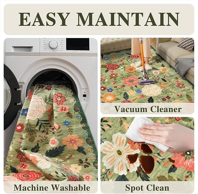 8x10 Washable Area Rug for Living Room, Floral Non-Slip Non-Shedding & Easy Care, Large Soft Low Pile Indoor Floor Carpet for Living Room, Bedroom, Farmhouse, Dining Room, Kids Playroom, Green