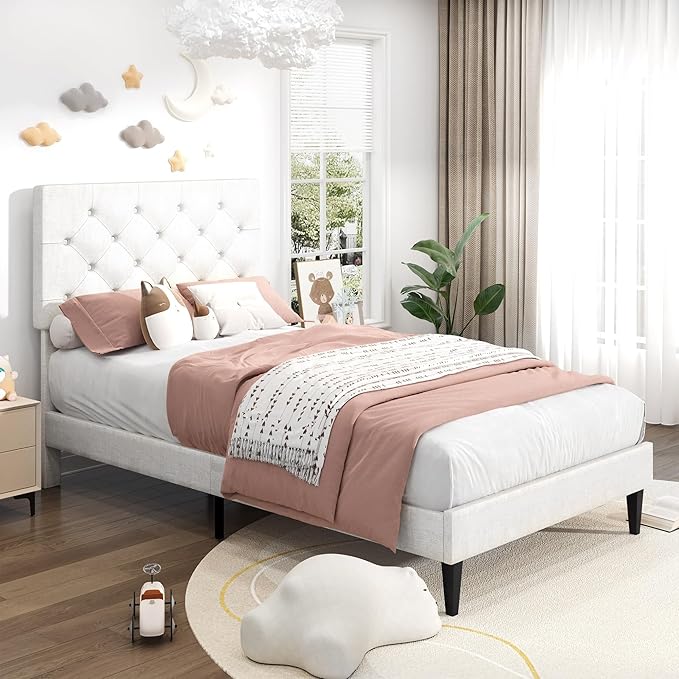 BarnFurin Twin Bed Frame, Upholstered Platform Bed with Button Tufted Headboard, Fabric Bed Frame with Wooden Slats Support, No Box Spring Required, Easy Assembly, White