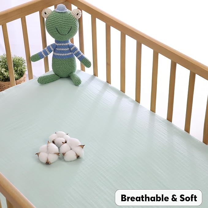 Muslin Baby Crib Sheets Fitted - Crib Sheets Neutral Turkish Cotton, Ultra Soft & Breathable - Organic Cotton Crib Sheets for Boys & Girls, GOTS & Oeko-TEX® Certified (52x28, Minty Green)