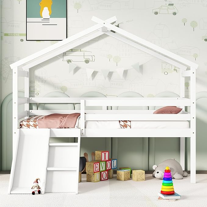Twin Size Low Loft Bed with Slide and Ladder for Kids Boys Girls, Solid Wood House Roof Loft Bed Frame with Safety Guardrails, Sturdy Slat Support (White-50)