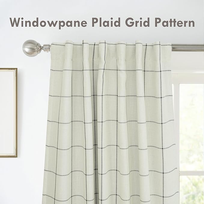 DriftAway 2 Panels 100% Blackout Windowpane Plaid Linen Curtains Double Layer Drapes for Bedroom 63 Inches Long Farmhouse Thermal Insulated 3.25 Inch Rod Pocket Back Tab for Living Room Black