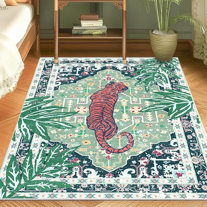 Green 3x5 Tiger Rug Washable Non-Slip Boho Vintage Jungle Rug Whimsical Animal Print Soft Cozy Tropical Woodland Carpet for Bedroom Laundry Room Kitchen Hallway Entryway