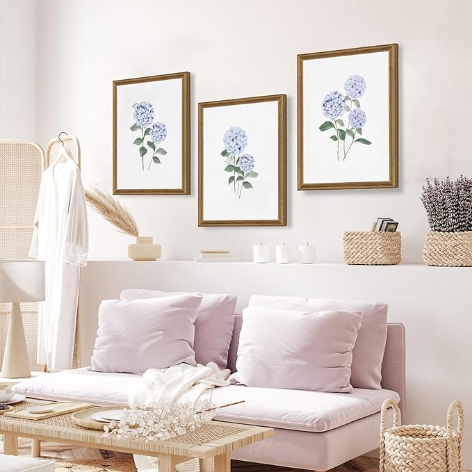 WRFON Hydrangea Wall Art, Blue Floral Wall Decor, Blue Watercolor Botanical Poster Wall Decor, Modern Minimalist Botanical Canvas Painting Print for Living Room Bedroom Wood Framed 12"x16"x3