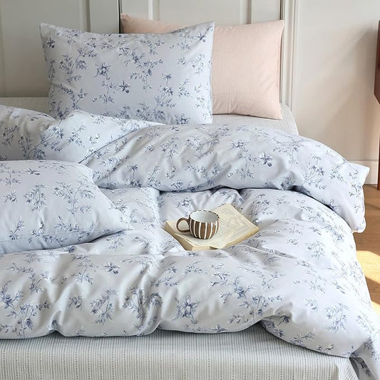 Blue Floral Duvet Cover Full Cute Kids Girls Bedding Set Cozy Cotton Flower Botanical Print Comforter Cover for Teens Children Boys Boho Garden Style Floral Bedding Sets Full with 2 Pillowcases