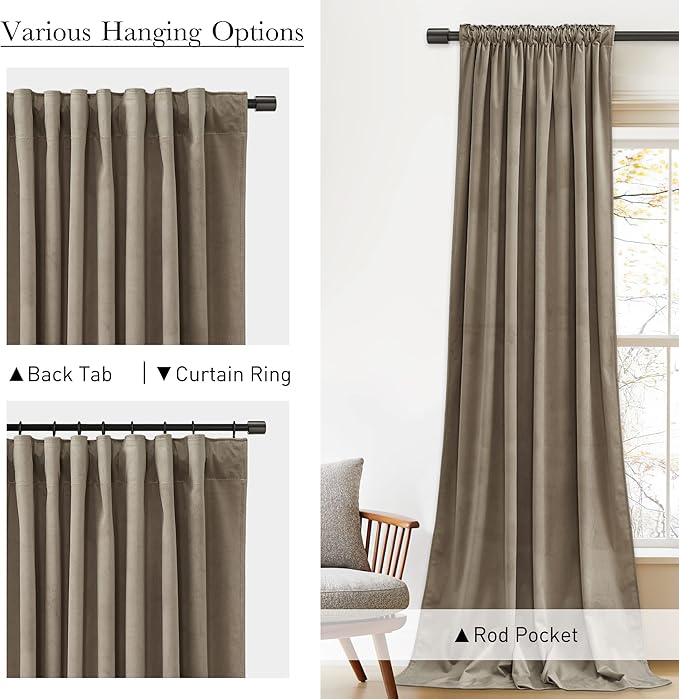 StangH Camel Beige Curtains 102 inches for Living Room Luxury Back Tab Velvet Thermal Insulated Privacy Sliding Door Panels for Bedroom Hotel, W52 x L102, 2 Panels