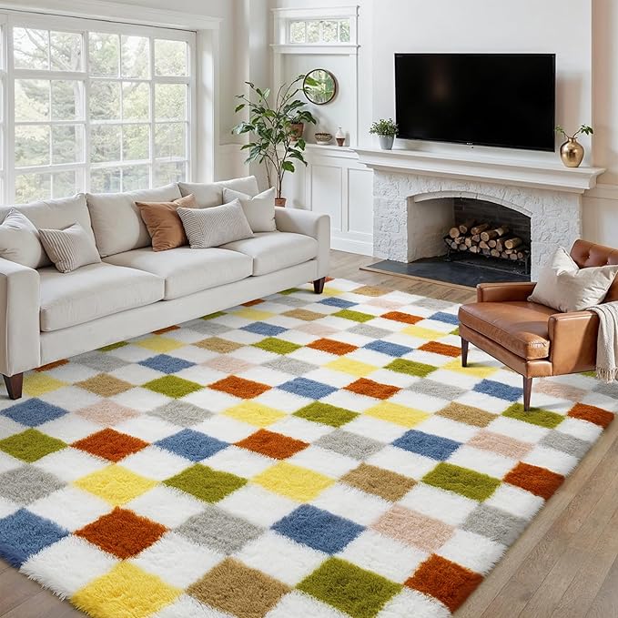 Checkered Rug 8x10 for Living Room, Colorful Modern Shag Rug Washable Non-Slip Large Area Rug Super Soft Indoor Fuzzy Carpet Fluffy Rugs for Bedroom Home Aesthetic Decor