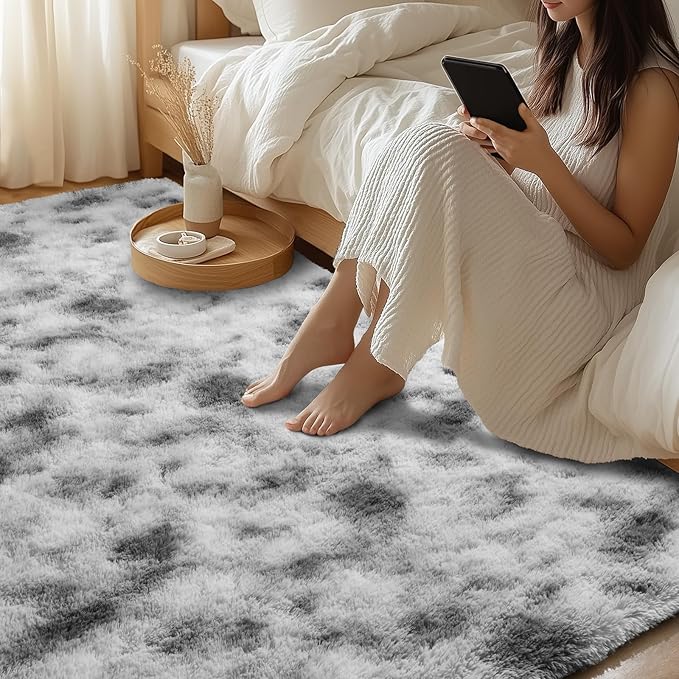Merelax Soft Area Rugs for Livingroom Bedroom, Shaggy Plush Fuzzy Fluffy Carpet Furry Fur Rug, Modern Indoor Comfy Nursery Kids Dorm Home Decor Floor Mat, 9 x 12 ft, Tie-Dyed Grey & White