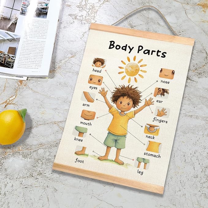 HEYJEEPER Kids Body Parts Learning Posters Set of 2,Linen Educational Wall Art with Wood Hanger, Cute Girl & Boy Body Parts Charts for Toddlers Preschool Classroom Playroom Nursery Decor,18.5x14 Inch