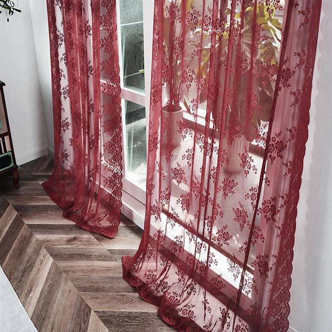 Kotile Burgundy Lace Curtains 63 Inch Length 2 Panels Rustic Floral Cottagecore Maroon Sheer Curtains for Bedroom, Rod Pocket Privacy Light Filtering Vintage Sheer Window Curtains, Each 52 x 63 Inch