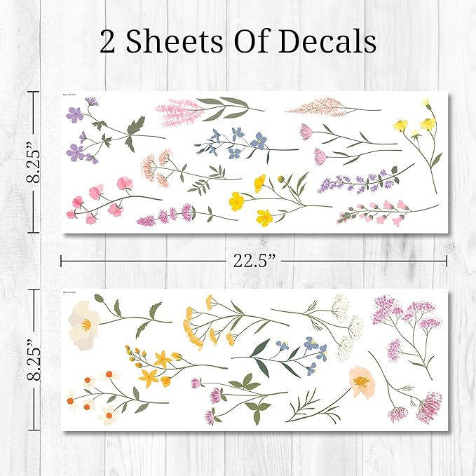 Pastel Wildflower Wall Decals - Set of 22 Vinyl Flower Room Decor Peel and Stick Removable Floral Stickers for Nursery Bedroom Bathroom