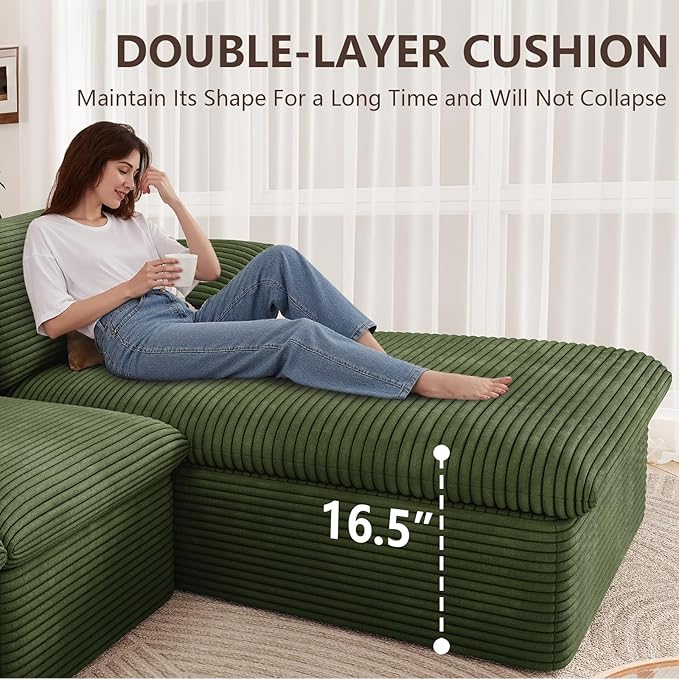Cloud Sectional Couch,107 Inch Modular Sectional Sofa with Deep Seat, Modern Corduroy Boneless Couches with L-Shape Chaise for Living Room Bedroom, No Assembly Required (Green, Right Facing Chaise)