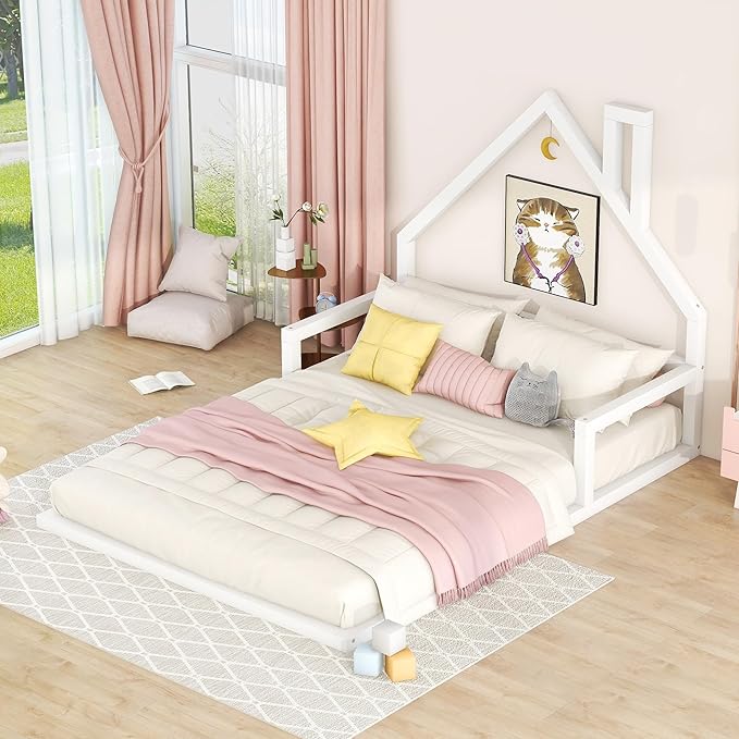 Full Size Wood Floor Bed with House-shaped Headboard and a Chimney,Bedroom Simple Modern Bed Frame W/ Playful Design & No Box Spring Required,for Kids Teens Girls Boys,White