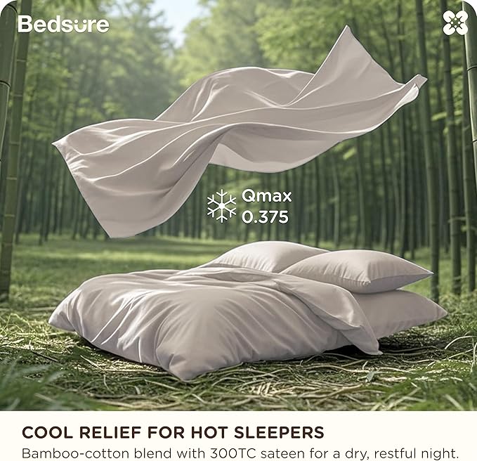 Bedsure Cooling Duvet Cover Queen Size, Cotton & Rayon Derived from Bamboo Blend Duvet Cover Set for Hot Sleepers,Ultra-Soft, Breathable & Lightweight Home Bedding for All Seasons (Linen,90"x90")